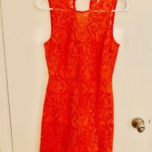 Salmon colored lace mini dress